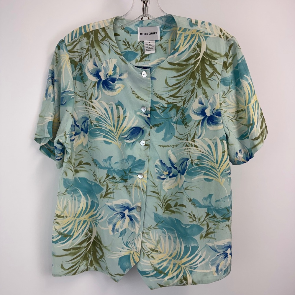 Alfred Dunner Floral Silk Button Front Blouse Size 8 Aqua Blue Green Vintage‎